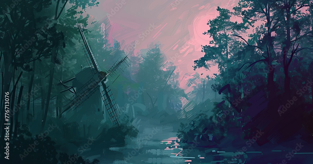 windmill in deep forest, simple, in the style of Van Gogh, abstract, sunset, desaturated light and airy pastel color palette
