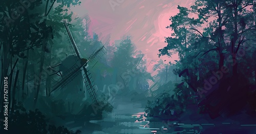 windmill in deep forest, simple, in the style of Van Gogh, abstract, sunset, desaturated light and airy pastel color palette photo