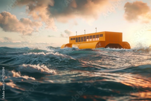 A yellow wave energy converter station sits amidst turbulent sea waves under a dark sky. photo