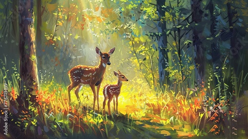 A mother deer and her fawn in a sunlit clearing, the forest's edge lined with the vibrant colors of wild flora. Emphasize an impressionistic style, focusing on mood rather than meticulous detail