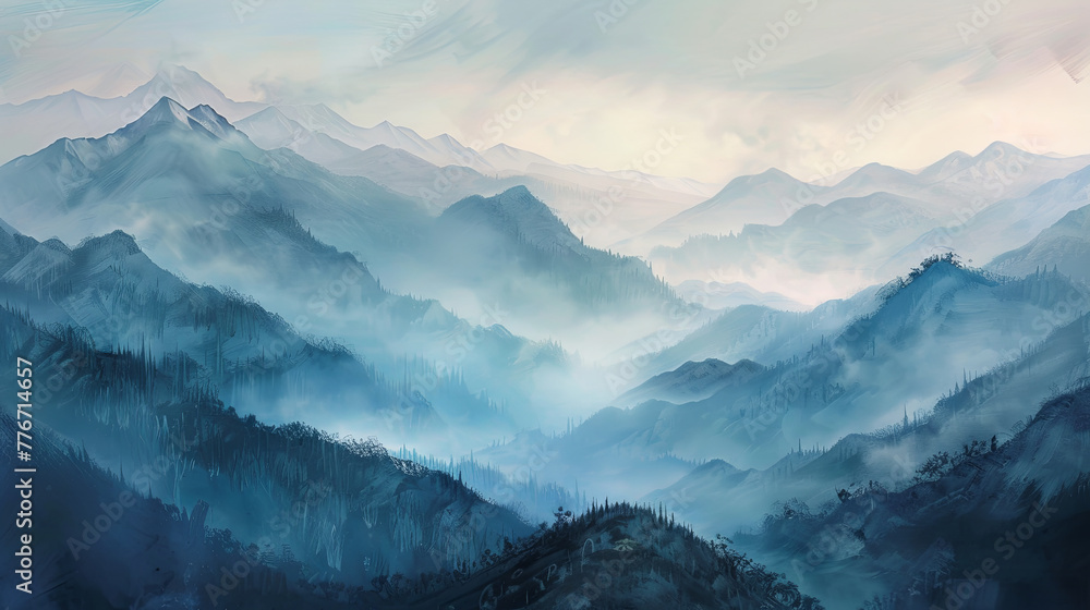 Ethereal Blue Mountain Range in Misty Landscape Art