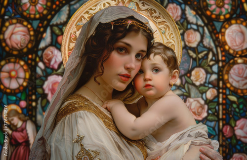 A beautiful painting of the divine mother Mary holding baby Jesus in her arms