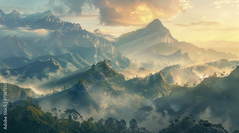 A mountain vista at dawn, the valleys filled with mist and the peaks catching the first soft rays of sunlight. Emphasize an impressionistic style, focusing on mood rather than meticulous detail - obrazy, fototapety, plakaty 