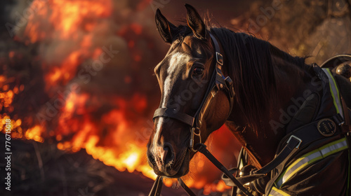 A horse is standing in front of a fire