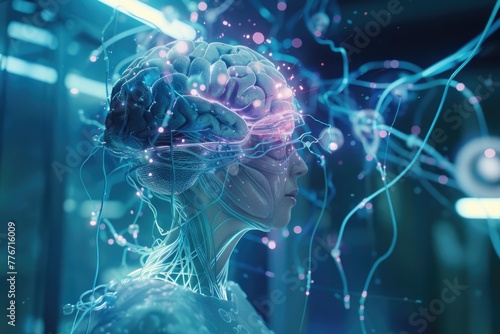 Conceptual representation of AI and neurotechnology with a 3D rendered brain in a digital interface reflecting advanced intelligence.