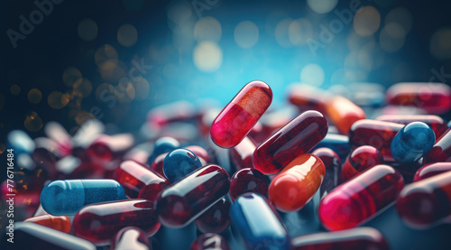 Healthcare and medical, pharmacy and medicine, antidepressant and vitamin concept. Group of 3d pills and medicine capsules flying. Close-up of painkillers in motion dynamics 