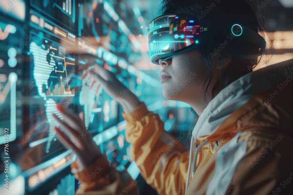 Innovative VR experience with a young person exploring virtual data in a futuristic setting, symbolizing the intersection of reality and technology.