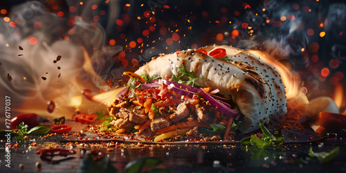 Traditional shawarma with meat and vegetables in flatbread , A chicken wrap with vegetables on a black background