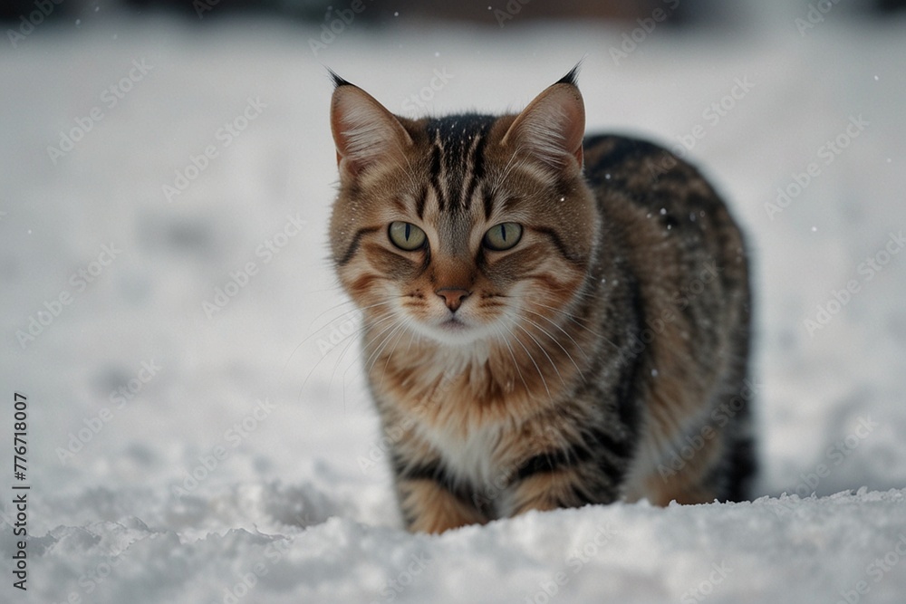 striped cat in the snow on a sunny day
