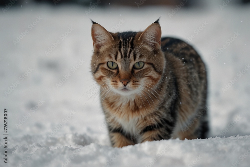 striped cat in the snow on a sunny day striped cat in the snow on a sunny day