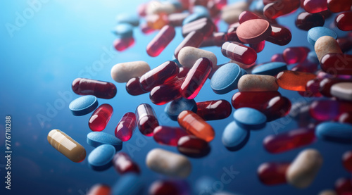 Healthcare and medical, pharmacy and medicine, antidepressant and vitamin concept. Group of 3d pills and medicine capsules flying. Close-up of painkillers in motion dynamics 