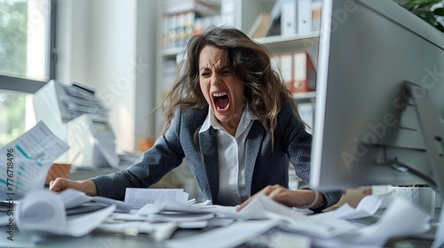 Stressed and Overworked Business Executive Screaming at Computer Amid Scattered Documents on Desk