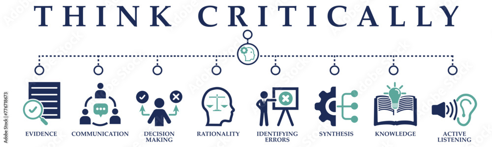 Think critically banner web solid icons. Vector illustration concept including icon of evidence, communication, decision making, rationality, identifying errors, synthesis, knowledge and active listen Think critically banner web solid icons. Vector illustration concept including icon of evidence, communication, decision making, rationality, identifying errors, synthesis, knowledge and active listen