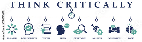 Think critically banner web solid icons. Vector illustration concept including icon of research, interpretation, concept, think, observation, solution, explanation and logic