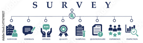 Survey banner web solid icons. Vector illustration concept including icon of surveyor, feedback, opinion, quality, sampling, questionnaire, experience  and inspection
