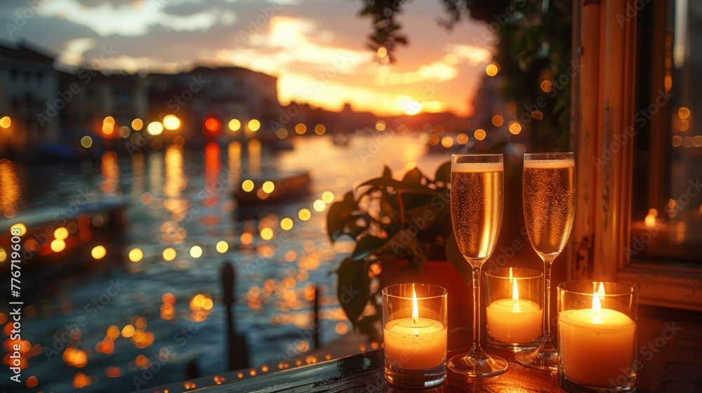 Candlelight dinner ambiance for a couple, with a backdrop of enchanting lights, champagne toast to love, AI Generative