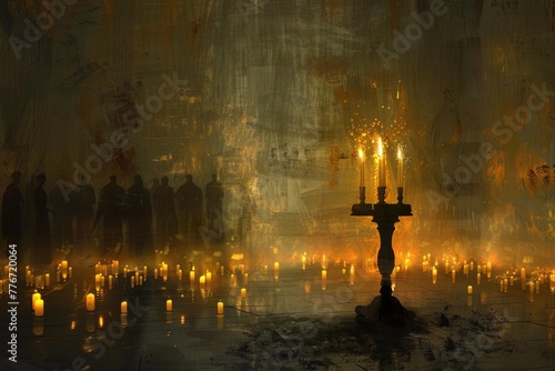 Candlelit Vigil Illustration with Ethereal Atmosphere and Silhouetted Figures in Background