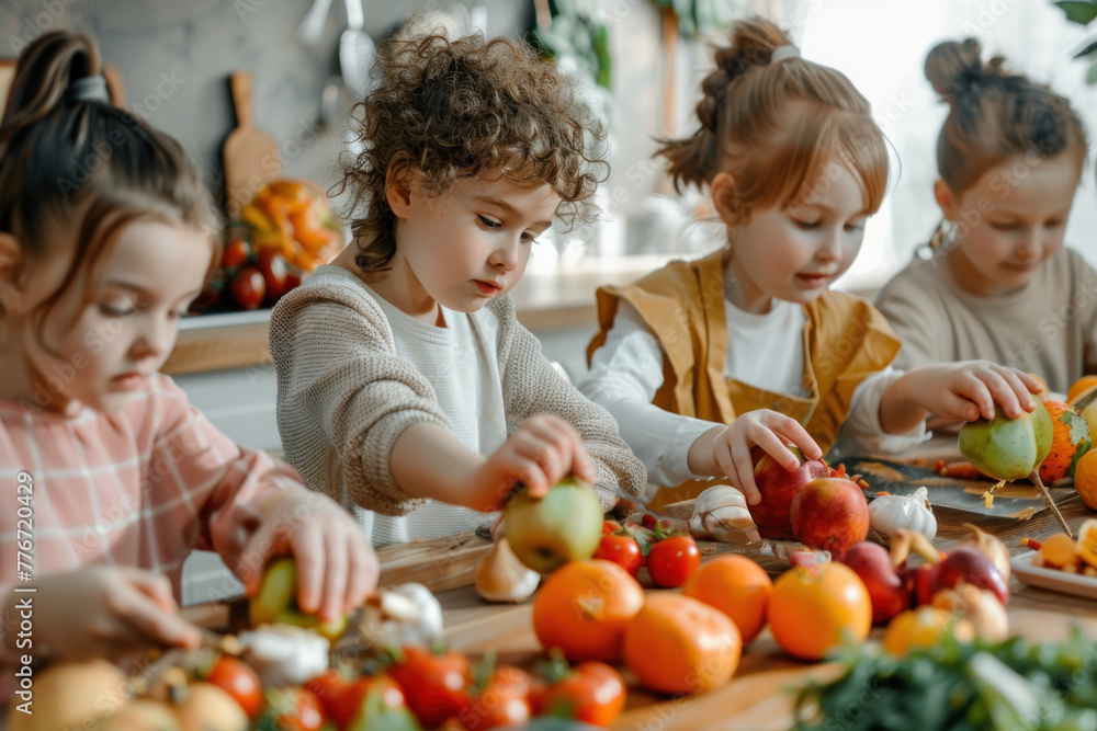Group of children participating in a nutrition education workshop with fresh fruits and vegetables. Group of children participating in a nutrition education workshop with fresh fruits and vegetables.
