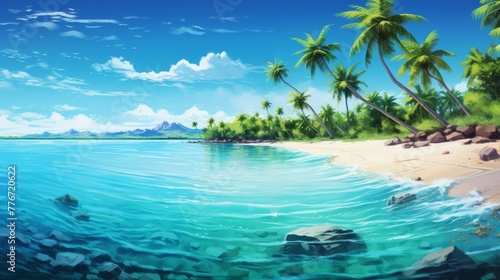 Tropical palm trees sway turquoise waters kiss sandy shores