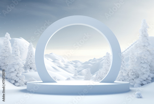 Minimal cylinder circle scene with snowdrift, snowfall, snowflake and pine trees, podium. Midnight white and blue color design. For christmas holiday winter concept, magazines, poster, banner, mockup © ribelco