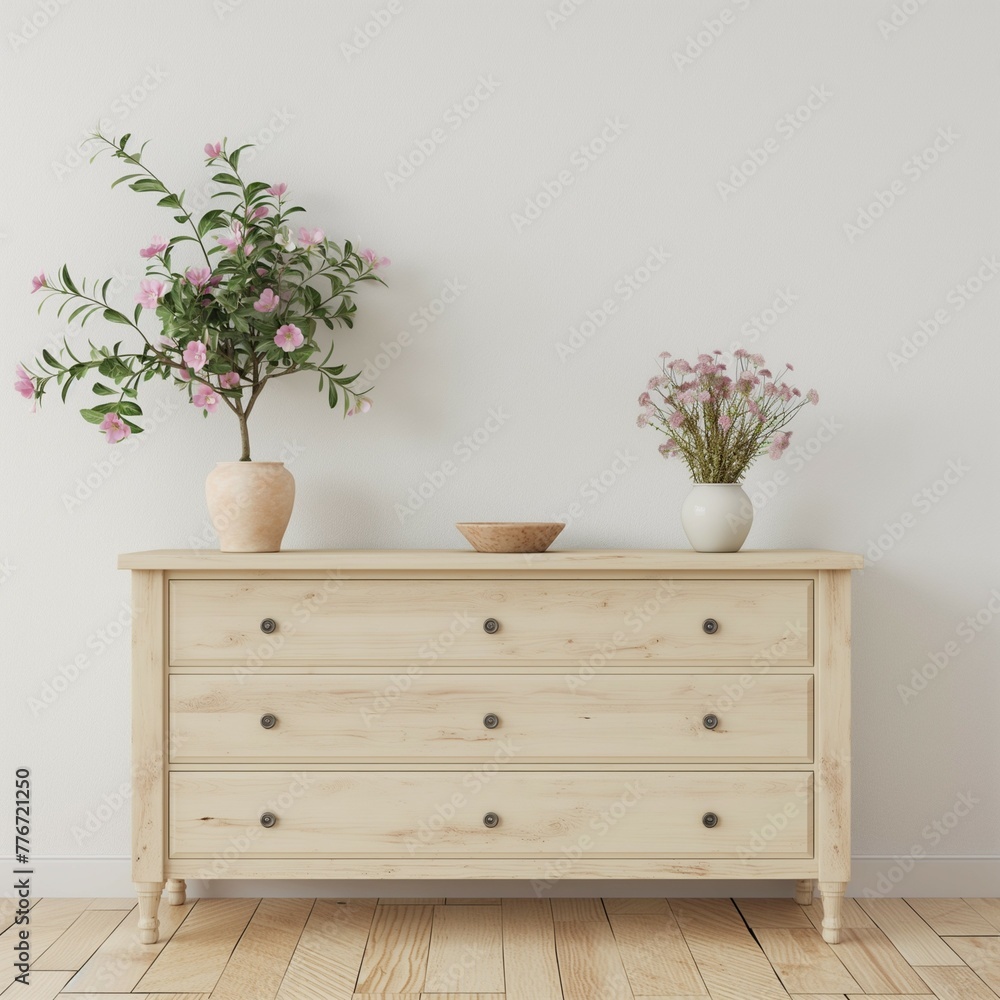 Empty indoor wall background for frames, paintings, posters, canvas frames, wooden chest of drawers, home interior, 3D render