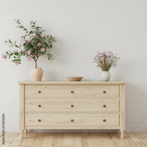 Empty indoor wall background for frames  paintings  posters  canvas frames  wooden chest of drawers  home interior  3D render