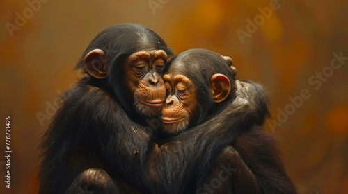 Two chimpanzees in a playful embrace, a moment of joy and camaraderie captured amidst their natural habitat, their expressions a testament to the complexity of their emotions, AI Generative photo