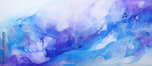 An abstract painting featuring a mesmerizing swirl of blue and purple colors accented with white and black hues