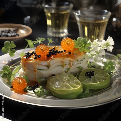 Create an image featuring a Michelin-starred restaurant's food and drink, Catfish fillet cooked on coals with celery puree and velouté caviar sauce in a bright atmosphere with a white background photo
