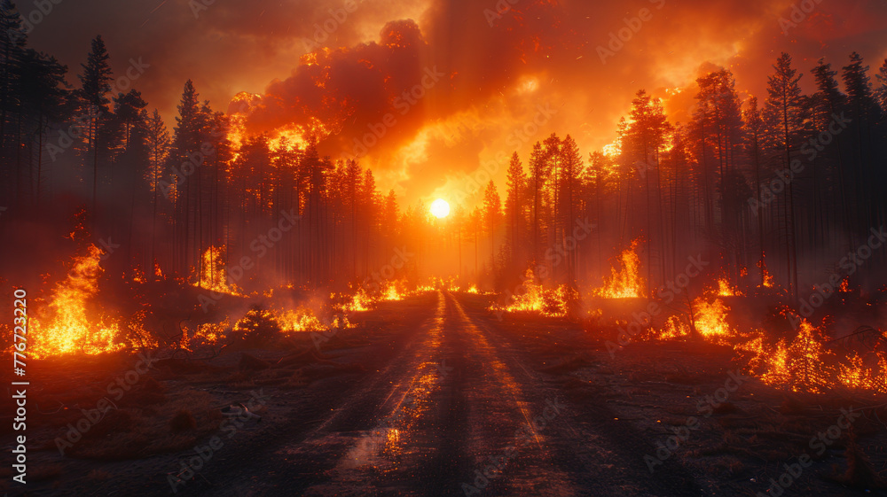 a forest on fire, we see in the foreground a road where there are no cars, because of global warming,generative ai a forest on fire, we see in the foreground a road where there are no cars, because of global warming,generative ai