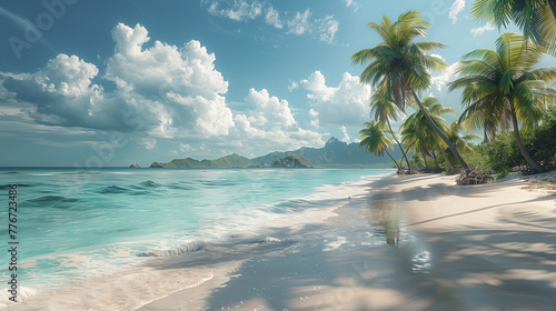 Beautiful tropical beach banner, White sand and coco palms travel tourism wide panorama background concept, Amazing beach
