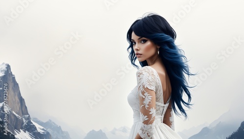 Ethereal Woman White Dress Against Mountain Backdrop -- with Copy Space Background Wallpaper