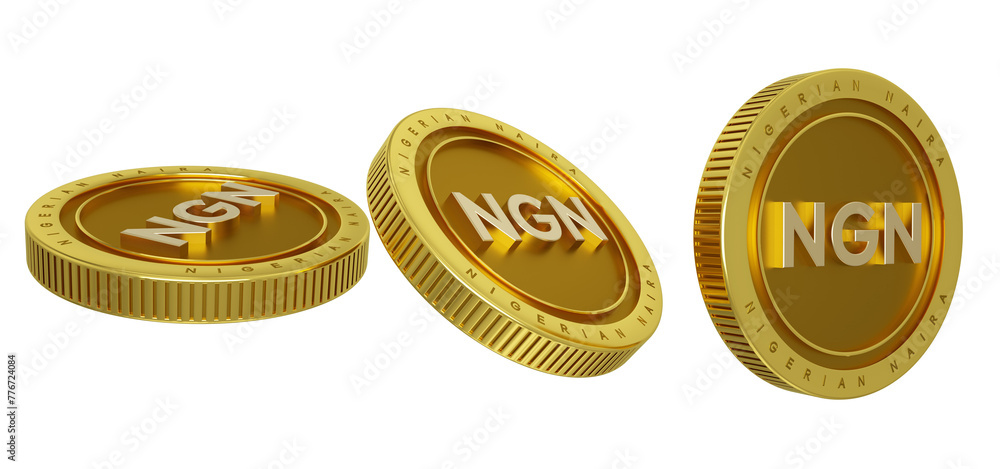 Nigerian naira currency iso code on gold coin isolated on transparent background, 3D rendering of set of abstract golden Nigerian Naira coins concept in different angles.
Nigerian naira currency iso code on gold coin isolated on transparent background, 3D rendering of set of abstract golden Nigerian Naira coins concept in different angles.