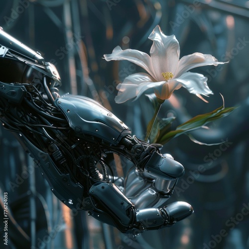 Cybernetics arm holding a delicate flower photo