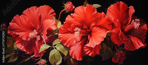 Artistic painting featuring three vibrant red flowers against a striking black background  creating a bold and captivating contrast
