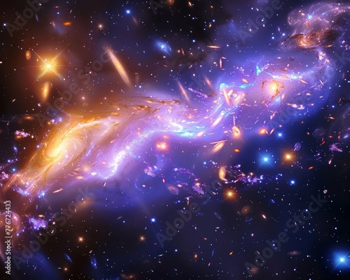 Deep space view of a galaxy cluster colliding