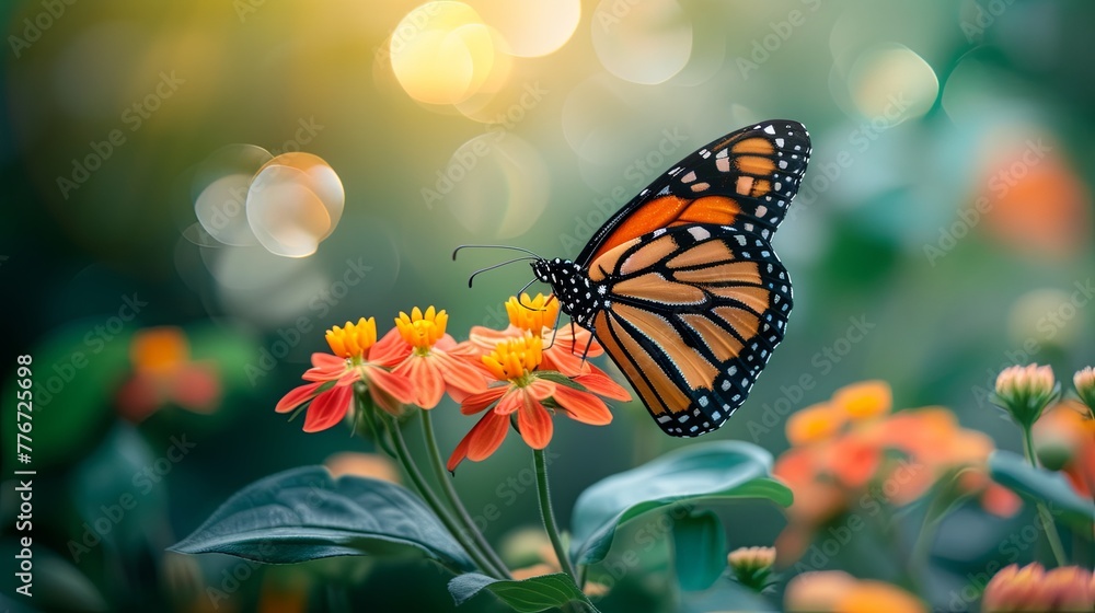 Obraz premium Beautiful Morpho Butterfly with Open Wings on Flowers Isolated on Black Background. Copy Space Concept in the Style of Virtual Reality. A Bright Purple Morpho Flying Near Blooming Lilac Flowers.