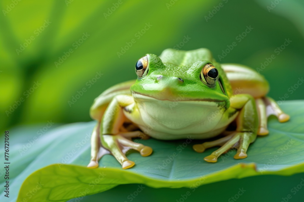 Obraz premium Green frog on the lotus leaf background