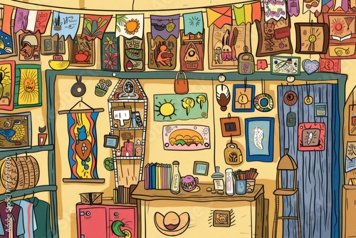 Cartoon cute doodles of a little gift shop with colorful trinkets and souvenirs from around the world, Generative AI © Starlight