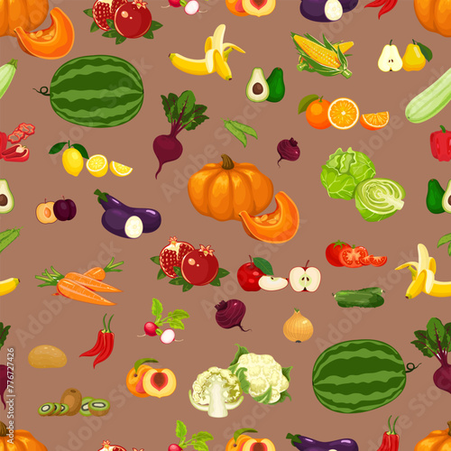 Fototapeta Naklejka Na Ścianę i Meble -  Vegetables, fruits, seamless pattern, vector