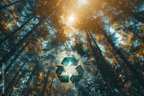 Recycling sign on the background of a green forest with tall large trees, generative ai