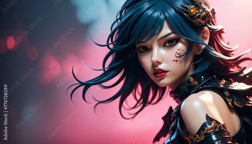Obraz premium Fantasy Anime Warrior with Blue Hair and Intricate Armor -- with Copy Space Background Wallpaper