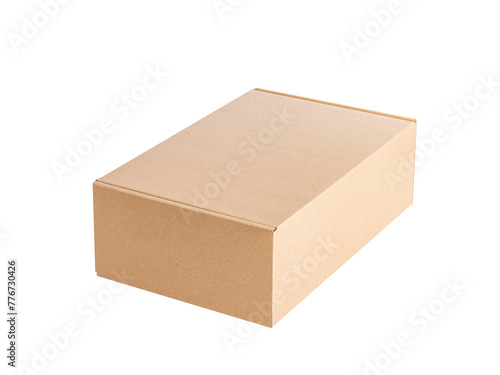 A closed, light, clean cardboard box for packaging or parcels on a white background without a pattern or inscription. Side view. © Andrey_Maksimov