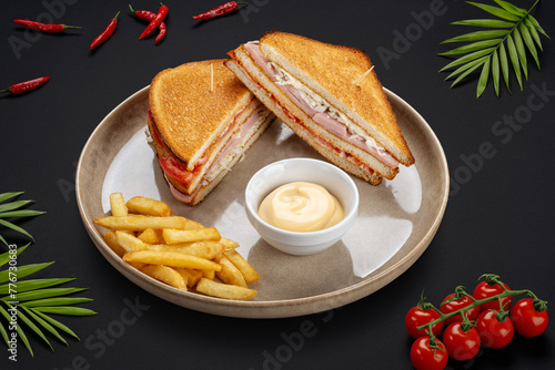 Two ham sandwiches with sauce and French fries on a round plate. Black background with tomatoes and peppers. View from above. Food photos.