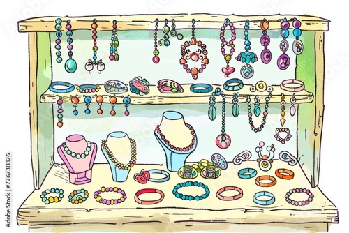 Cartoon cute doodles of a miniature jewelry store with colorful rings, necklaces, and bracelets on display, Generative AI