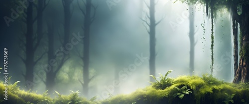 Wallpaper Mural Mystical Forest Scene with Mist and Sunlight Filtering Through Trees -- Banner with Copy Space Background Wallpaper Torontodigital.ca