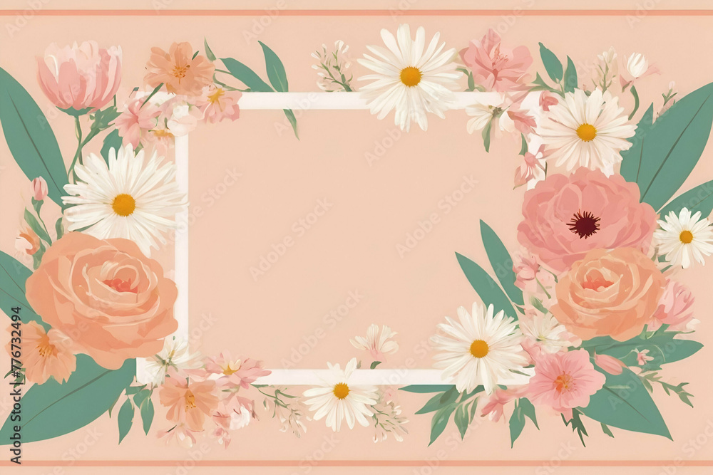 Spring flowers border on peach pastel background Spring flowers border on peach pastel background