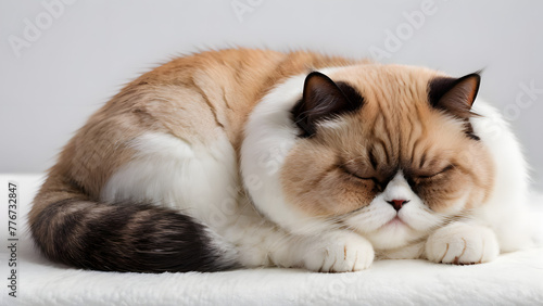 A cute exotic shorthair cat sleeping on a fluffy white blanket, isolated on grey background