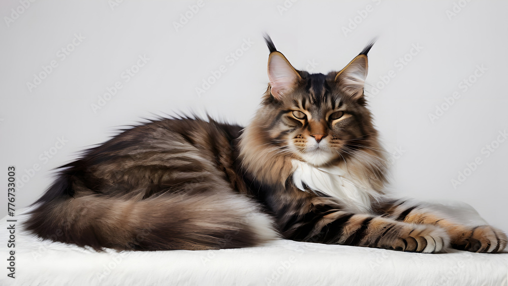 A cute maine coon cat lying on a fluffy white blanket, isolated on grey background A cute maine coon cat lying on a fluffy white blanket, isolated on grey background