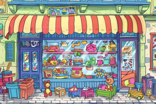 Cartoon cute doodles of a miniature toy store with colorful toys and games on display  enticing kids to play  Generative AI